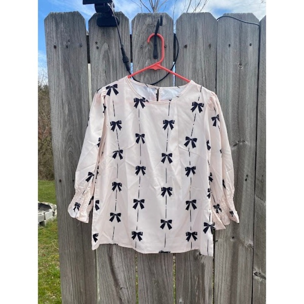 SHEIN Womens Pink Bow Print Smocked Cuff Blouse Crew Neck 3/4 Sleeve Top Small